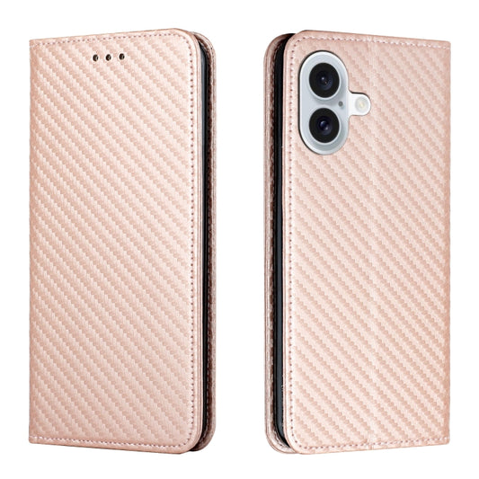 For iPhone 16 Plus Carbon Fiber Texture Magnetic Flip Leather Phone Case(Rose Gold) by buy2fix