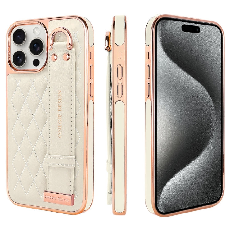 For iPhone 15 Pro VIETAO Rhombic Texture Wristband PU Phone Case(White) - iPhone 15 Pro Cases by VIETAO | Online Shopping UK | buy2fix