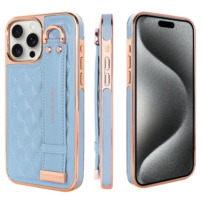 For iPhone 15 Pro VIETAO Rhombic Texture Wristband PU Phone Case(Blue) - iPhone 15 Pro Cases by VIETAO | Online Shopping UK | buy2fix