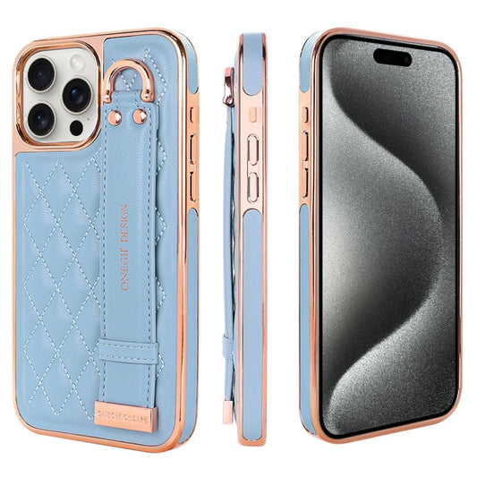 For iPhone 15 Pro VIETAO Rhombic Texture Wristband PU Phone Case(Blue) - iPhone 15 Pro Cases by VIETAO | Online Shopping UK | buy2fix