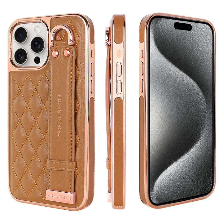For iPhone 15 Pro VIETAO Rhombic Texture Wristband PU Phone Case(Brown) - iPhone 15 Pro Cases by VIETAO | Online Shopping UK | buy2fix