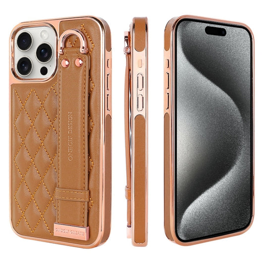 For iPhone 15 Pro VIETAO Rhombic Texture Wristband PU Phone Case(Brown) - iPhone 15 Pro Cases by VIETAO | Online Shopping UK | buy2fix
