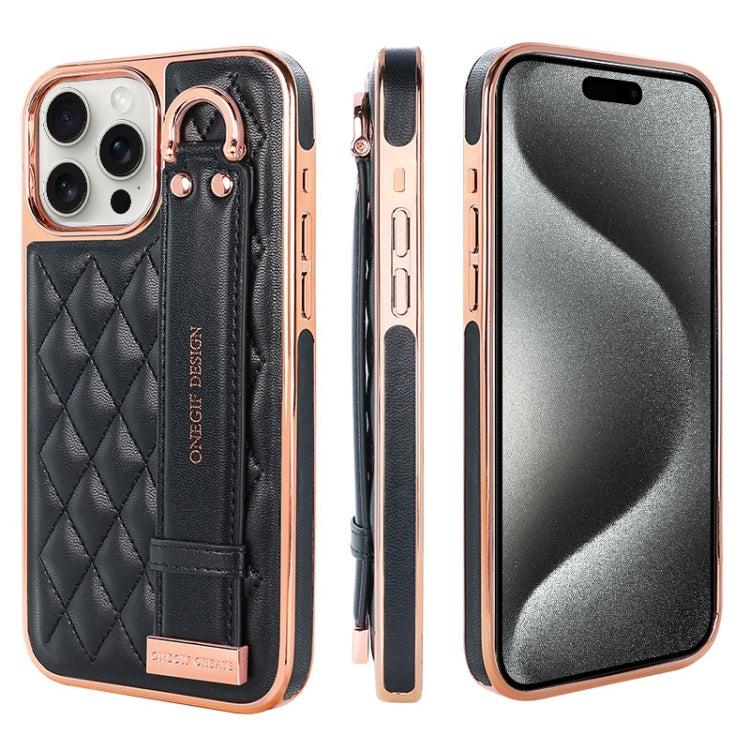 For iPhone 15 Pro VIETAO Rhombic Texture Wristband PU Phone Case(Black) - iPhone 15 Pro Cases by VIETAO | Online Shopping UK | buy2fix