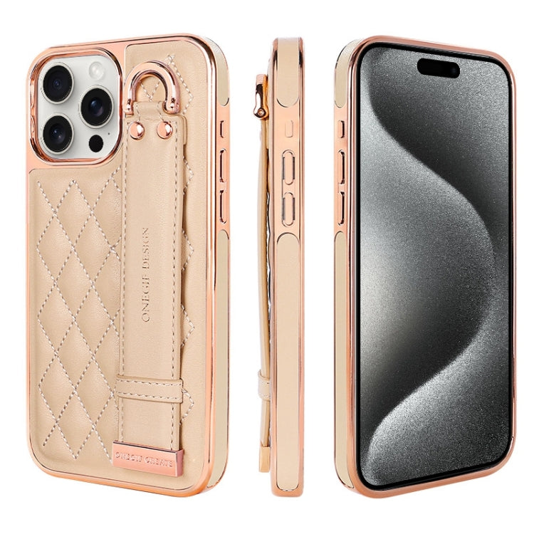 For iPhone 15 Pro VIETAO Rhombic Texture Wristband PU Phone Case(Pink) - iPhone 15 Pro Cases by VIETAO | Online Shopping UK | buy2fix