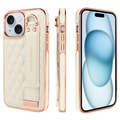 For iPhone 15 Plus VIETAO Rhombic Texture Wristband PU Phone Case(White) - iPhone 15 Plus Cases by VIETAO | Online Shopping UK | buy2fix