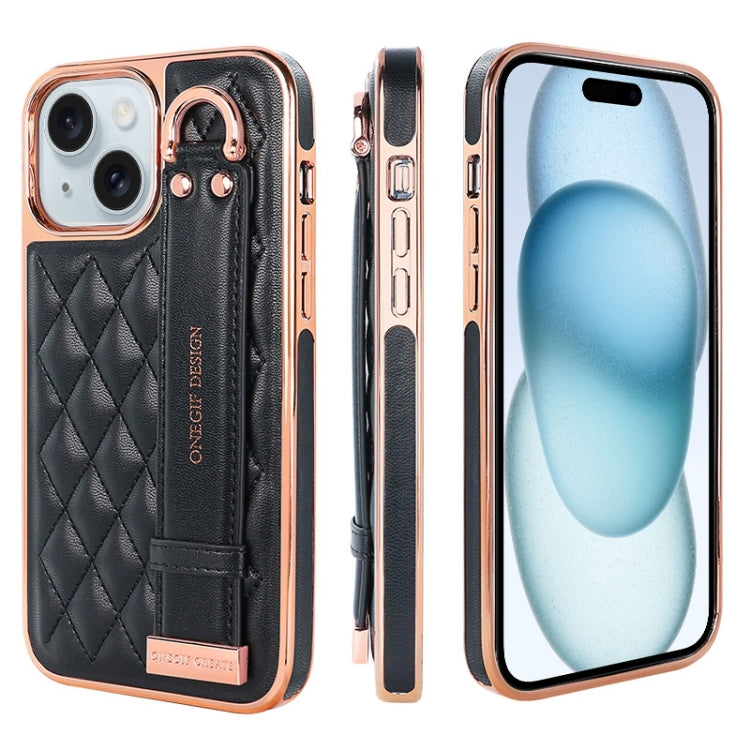 For iPhone 15 Plus VIETAO Rhombic Texture Wristband PU Phone Case(Black) - iPhone 15 Plus Cases by VIETAO | Online Shopping UK | buy2fix