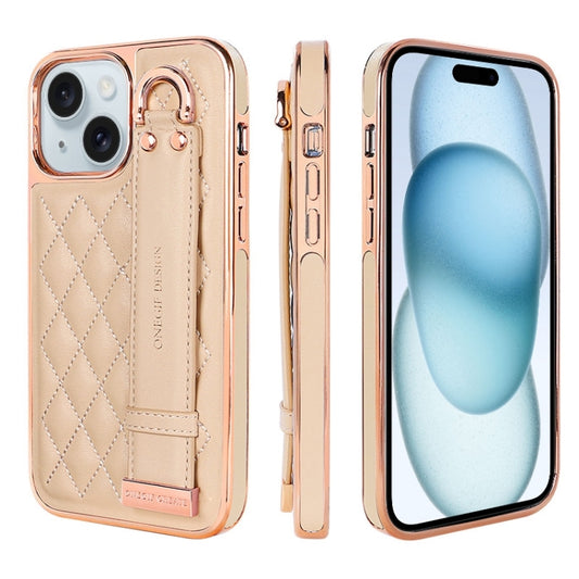 For iPhone 15 Plus VIETAO Rhombic Texture Wristband PU Phone Case(Pink) - iPhone 15 Plus Cases by VIETAO | Online Shopping UK | buy2fix