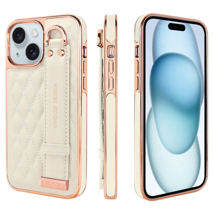 For iPhone 15 VIETAO Rhombic Texture Wristband PU Phone Case(White) - iPhone 15 Cases by VIETAO | Online Shopping UK | buy2fix