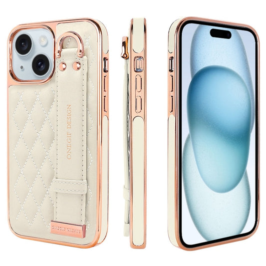 For iPhone 15 VIETAO Rhombic Texture Wristband PU Phone Case(White) - iPhone 15 Cases by VIETAO | Online Shopping UK | buy2fix