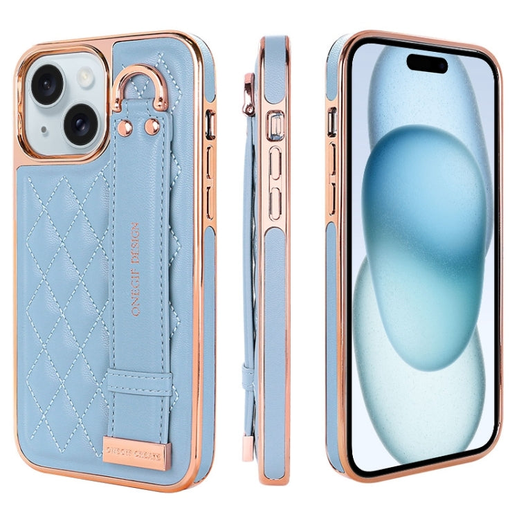 For iPhone 15 VIETAO Rhombic Texture Wristband PU Phone Case(Blue) - iPhone 15 Cases by VIETAO | Online Shopping UK | buy2fix