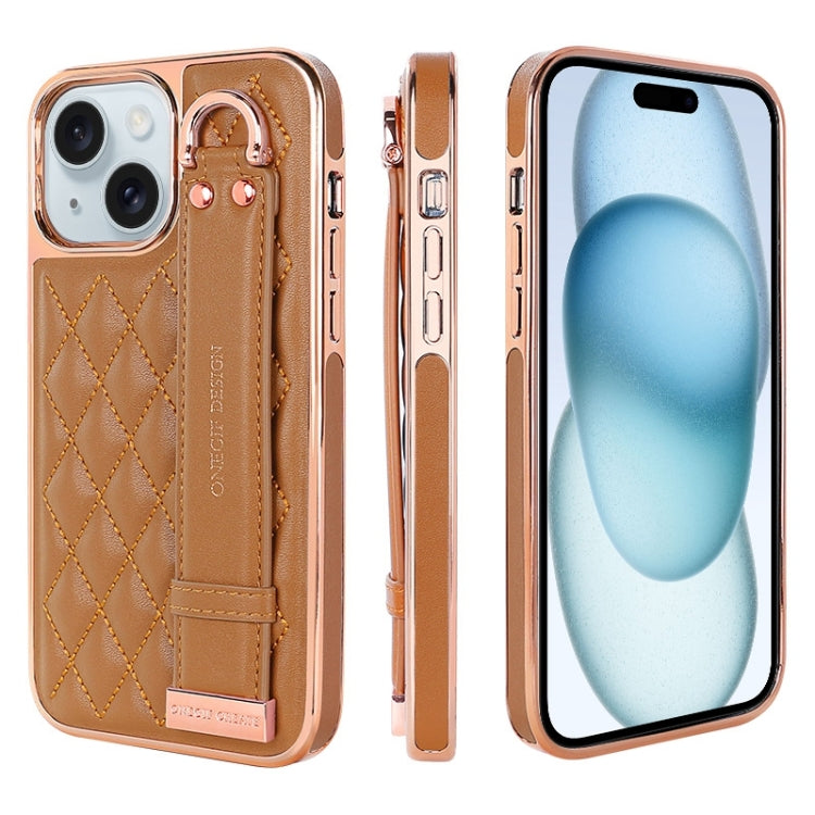 For iPhone 15 VIETAO Rhombic Texture Wristband PU Phone Case(Brown) - iPhone 15 Cases by VIETAO | Online Shopping UK | buy2fix