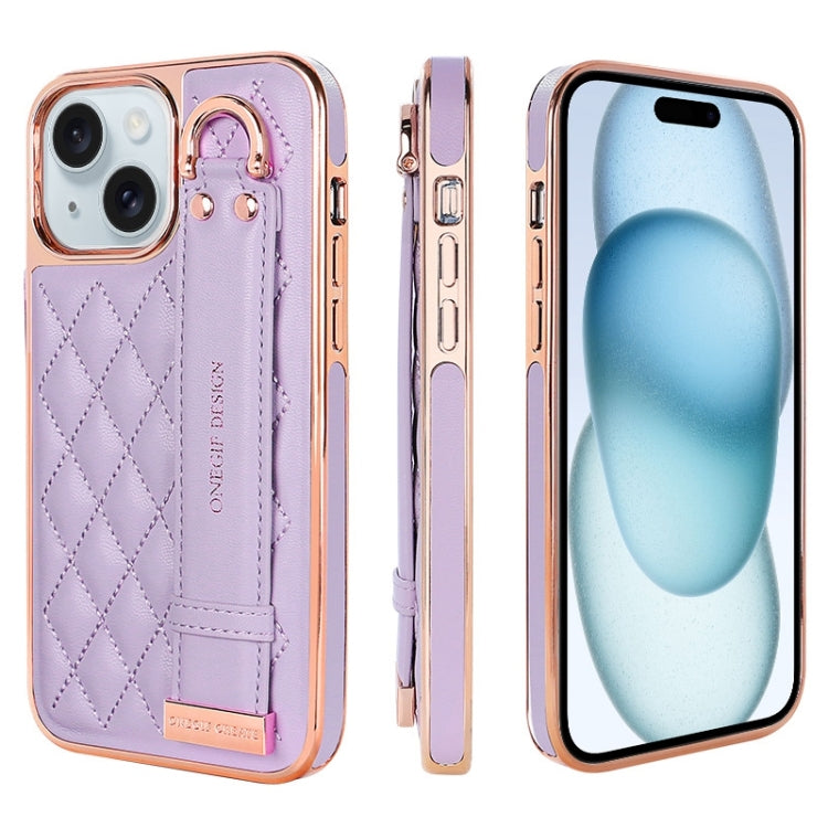 For iPhone 15 VIETAO Rhombic Texture Wristband PU Phone Case(Purple) - iPhone 15 Cases by VIETAO | Online Shopping UK | buy2fix