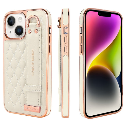 For iPhone 14 VIETAO Rhombic Texture Wristband PU Phone Case(White) - iPhone 14 Cases by VIETAO | Online Shopping UK | buy2fix