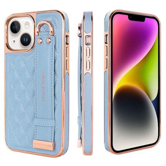 For iPhone 14 VIETAO Rhombic Texture Wristband PU Phone Case(Blue) - iPhone 14 Cases by VIETAO | Online Shopping UK | buy2fix