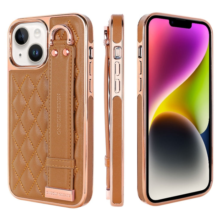 For iPhone 14 VIETAO Rhombic Texture Wristband PU Phone Case(Brown) - iPhone 14 Cases by VIETAO | Online Shopping UK | buy2fix