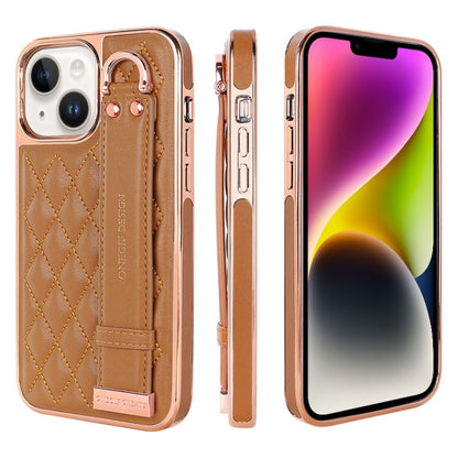 For iPhone 14 VIETAO Rhombic Texture Wristband PU Phone Case(Brown) - iPhone 14 Cases by VIETAO | Online Shopping UK | buy2fix
