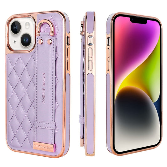 For iPhone 14 VIETAO Rhombic Texture Wristband PU Phone Case(Purple) - iPhone 14 Cases by VIETAO | Online Shopping UK | buy2fix