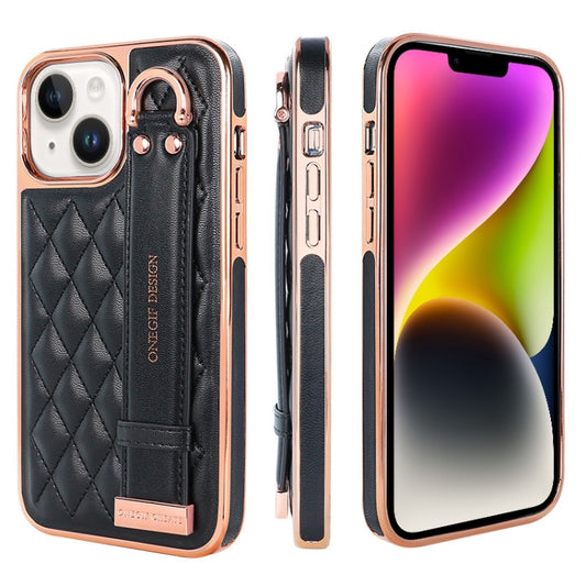 For iPhone 14 VIETAO Rhombic Texture Wristband PU Phone Case(Black) - iPhone 14 Cases by VIETAO | Online Shopping UK | buy2fix