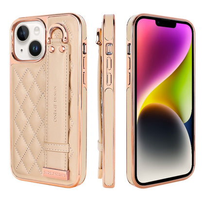 For iPhone 14 VIETAO Rhombic Texture Wristband PU Phone Case(Pink) - iPhone 14 Cases by VIETAO | Online Shopping UK | buy2fix