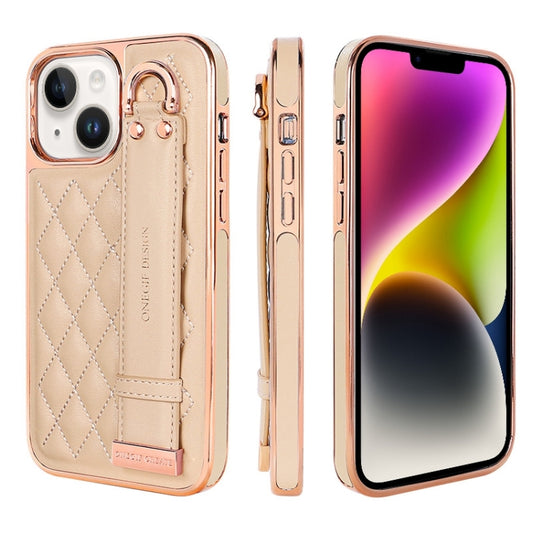 For iPhone 14 VIETAO Rhombic Texture Wristband PU Phone Case(Pink) - iPhone 14 Cases by VIETAO | Online Shopping UK | buy2fix