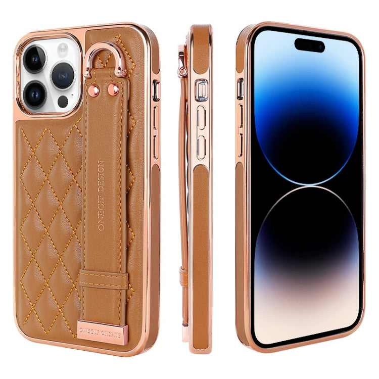 For iPhone 14 Pro VIETAO Rhombic Texture Wristband PU Phone Case(Brown) - iPhone 14 Pro Cases by VIETAO | Online Shopping UK | buy2fix