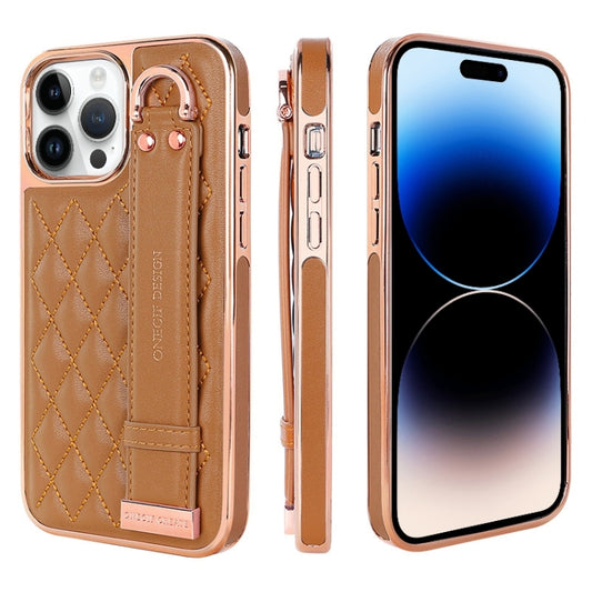 For iPhone 14 Pro VIETAO Rhombic Texture Wristband PU Phone Case(Brown) - iPhone 14 Pro Cases by VIETAO | Online Shopping UK | buy2fix