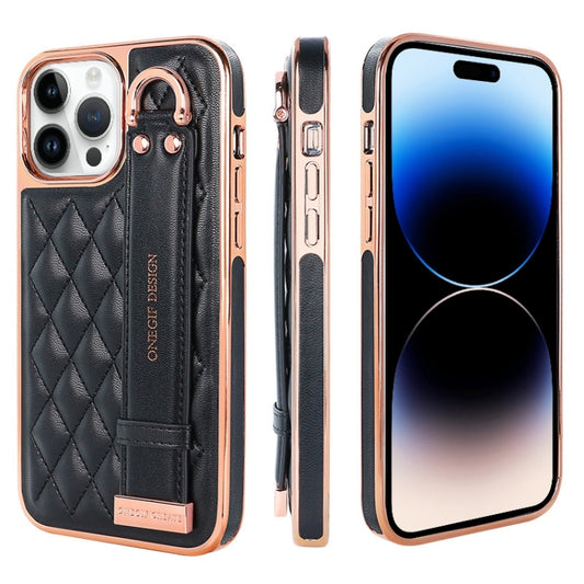 For iPhone 14 Pro VIETAO Rhombic Texture Wristband PU Phone Case(Black) - iPhone 14 Pro Cases by VIETAO | Online Shopping UK | buy2fix