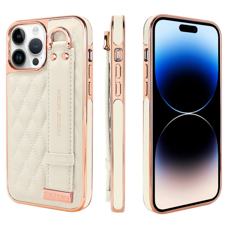 For iPhone 14 Pro Max VIETAO Rhombic Texture Wristband PU Phone Case(White) - iPhone 14 Pro Max Cases by VIETAO | Online Shopping UK | buy2fix