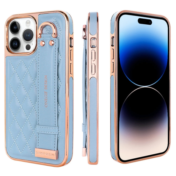 For iPhone 14 Pro Max VIETAO Rhombic Texture Wristband PU Phone Case(Blue) - iPhone 14 Pro Max Cases by VIETAO | Online Shopping UK | buy2fix