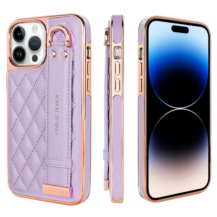 For iPhone 14 Pro Max VIETAO Rhombic Texture Wristband PU Phone Case(Purple) - iPhone 14 Pro Max Cases by VIETAO | Online Shopping UK | buy2fix