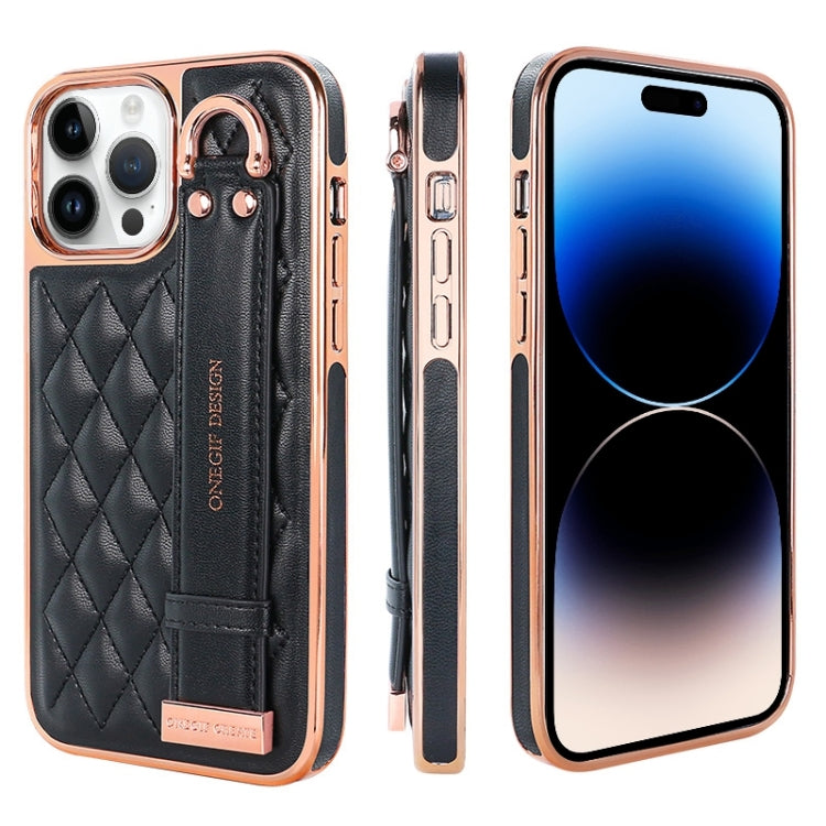 For iPhone 14 Pro Max VIETAO Rhombic Texture Wristband PU Phone Case(Black) - iPhone 14 Pro Max Cases by VIETAO | Online Shopping UK | buy2fix
