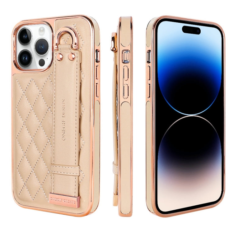 For iPhone 14 Pro Max VIETAO Rhombic Texture Wristband PU Phone Case(Pink) - iPhone 14 Pro Max Cases by VIETAO | Online Shopping UK | buy2fix