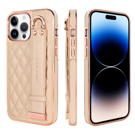 For iPhone 14 Pro Max VIETAO Rhombic Texture Wristband PU Phone Case(Pink) - iPhone 14 Pro Max Cases by VIETAO | Online Shopping UK | buy2fix