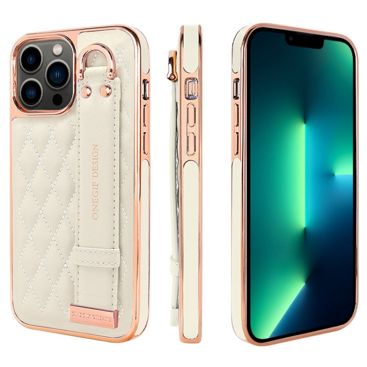 For iPhone 13 Pro Max VIETAO Rhombic Texture Wristband PU Phone Case(White) - iPhone 13 Pro Max Cases by VIETAO | Online Shopping UK | buy2fix