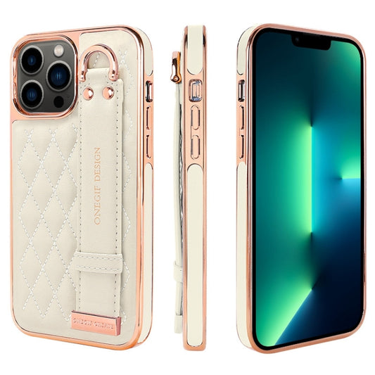 For iPhone 13 Pro Max VIETAO Rhombic Texture Wristband PU Phone Case(White) - iPhone 13 Pro Max Cases by VIETAO | Online Shopping UK | buy2fix