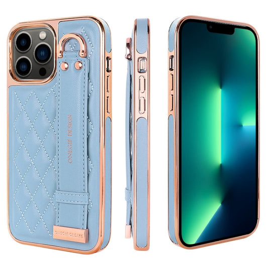 For iPhone 13 Pro Max VIETAO Rhombic Texture Wristband PU Phone Case(Blue) - iPhone 13 Pro Max Cases by VIETAO | Online Shopping UK | buy2fix