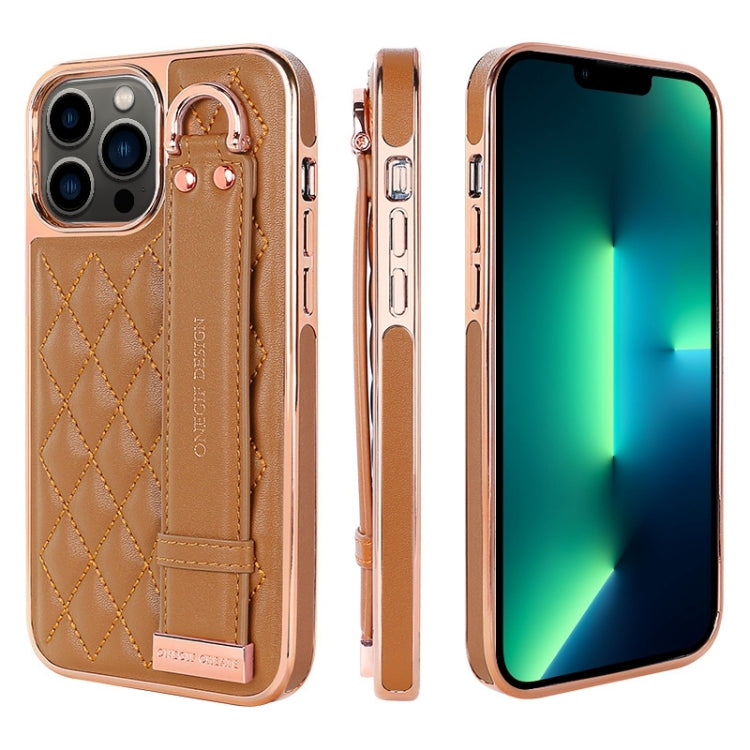 For iPhone 13 Pro Max VIETAO Rhombic Texture Wristband PU Phone Case(Brown) - iPhone 13 Pro Max Cases by VIETAO | Online Shopping UK | buy2fix