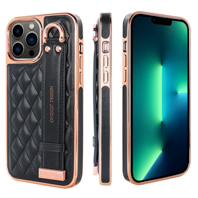 For iPhone 13 Pro Max VIETAO Rhombic Texture Wristband PU Phone Case(Black) - iPhone 13 Pro Max Cases by VIETAO | Online Shopping UK | buy2fix