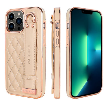 For iPhone 13 Pro Max VIETAO Rhombic Texture Wristband PU Phone Case(Pink) - iPhone 13 Pro Max Cases by VIETAO | Online Shopping UK | buy2fix