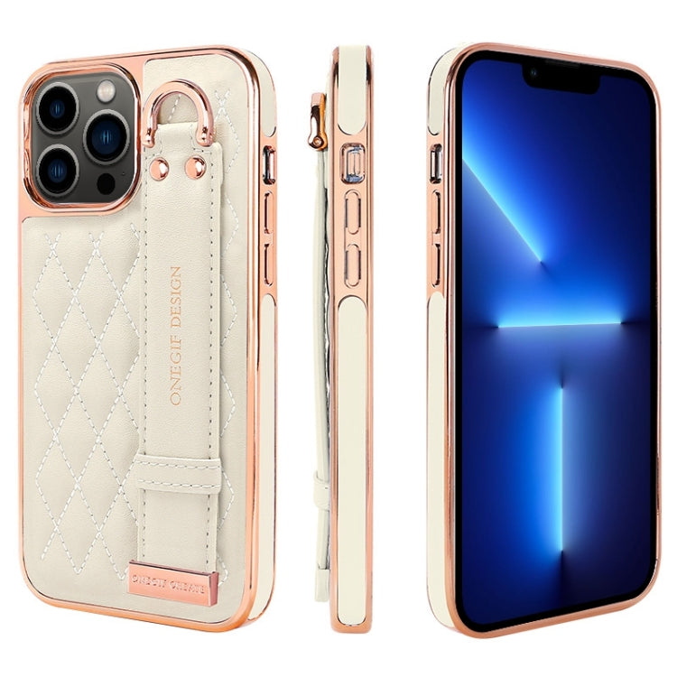 For iPhone 13 Pro VIETAO Rhombic Texture Wristband PU Phone Case(White) - iPhone 13 Pro Cases by VIETAO | Online Shopping UK | buy2fix