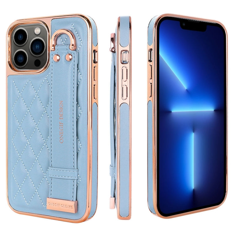 For iPhone 13 Pro VIETAO Rhombic Texture Wristband PU Phone Case(Blue) - iPhone 13 Pro Cases by VIETAO | Online Shopping UK | buy2fix