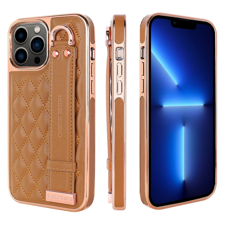 For iPhone 13 Pro VIETAO Rhombic Texture Wristband PU Phone Case(Brown) - iPhone 13 Pro Cases by VIETAO | Online Shopping UK | buy2fix