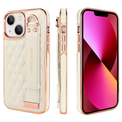 For iPhone 13 VIETAO Rhombic Texture Wristband PU Phone Case(White) - iPhone 13 Cases by VIETAO | Online Shopping UK | buy2fix