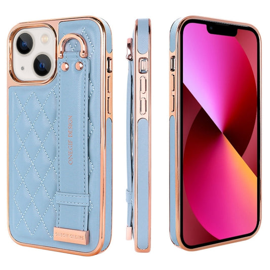 For iPhone 13 VIETAO Rhombic Texture Wristband PU Phone Case(Blue) - iPhone 13 Cases by VIETAO | Online Shopping UK | buy2fix
