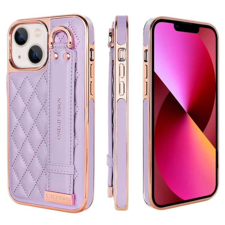 For iPhone 13 VIETAO Rhombic Texture Wristband PU Phone Case(Purple) - iPhone 13 Cases by VIETAO | Online Shopping UK | buy2fix