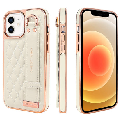 For iPhone 12 / 12 Pro VIETAO Rhombic Texture Wristband PU Phone Case(White) - iPhone 12 / 12 Pro Cases by VIETAO | Online Shopping UK | buy2fix