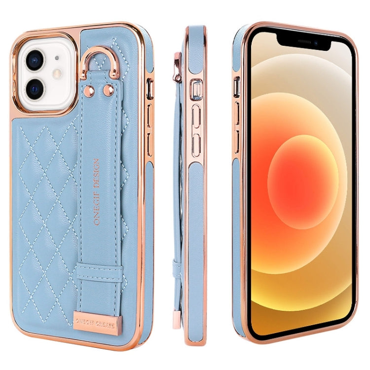 For iPhone 12 / 12 Pro VIETAO Rhombic Texture Wristband PU Phone Case(Blue) - iPhone 12 / 12 Pro Cases by VIETAO | Online Shopping UK | buy2fix
