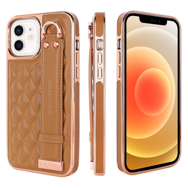For iPhone 12 / 12 Pro VIETAO Rhombic Texture Wristband PU Phone Case(Brown) - iPhone 12 / 12 Pro Cases by VIETAO | Online Shopping UK | buy2fix