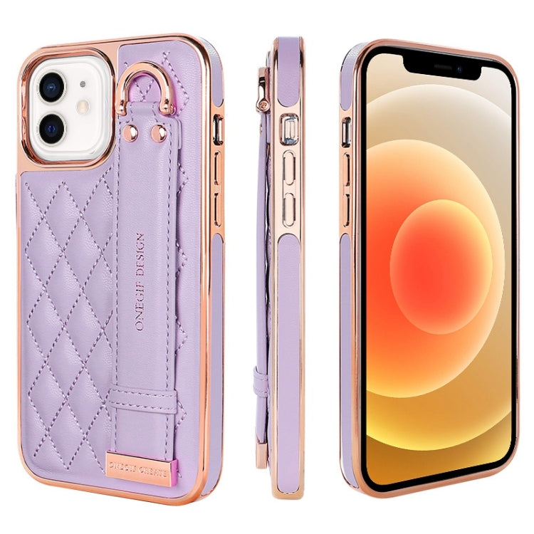 For iPhone 12 / 12 Pro VIETAO Rhombic Texture Wristband PU Phone Case(Purple) - iPhone 12 / 12 Pro Cases by VIETAO | Online Shopping UK | buy2fix