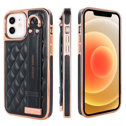 For iPhone 12 / 12 Pro VIETAO Rhombic Texture Wristband PU Phone Case(Black) - iPhone 12 / 12 Pro Cases by VIETAO | Online Shopping UK | buy2fix